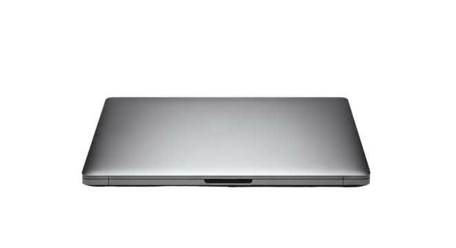 A sleek, closed silver laptop computer, viewed from the front, emphasizing its slim profile and modern aesthetic, ideal for techrelated visuals, isolated on transparent background