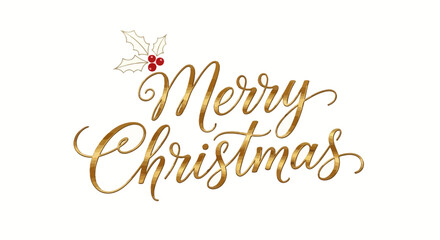 Elegant golden Merry Christmas greeting with holly accents, perfect for holiday cards and festive designs this season, creating joy and warmth