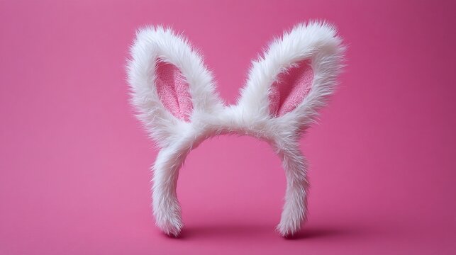 Bunny ears headwear on a solid pink backdrop exudes a playful, springtime mood. Ideal for festive occasions or whimsical photoshoots. Furry texture adds to appeal.