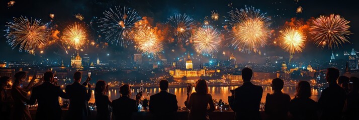 Beautiful dark holiday background with fireworks. Template for advertising flyer or web banner design for Christmas holidays, New Year, anniversary, independence day