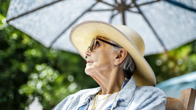 Elderly woman relaxing under a sun umbrella while wearing sunglasses in a garden setting