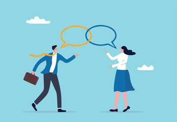 Customer engagement, emotional connection between customer and brand, loyalty, consumer trust or deep relationship concept, businessman represent brand talk with customer as linked speech bubble.