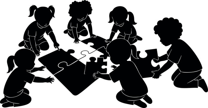Children playing with large puzzle pieces vector illustration