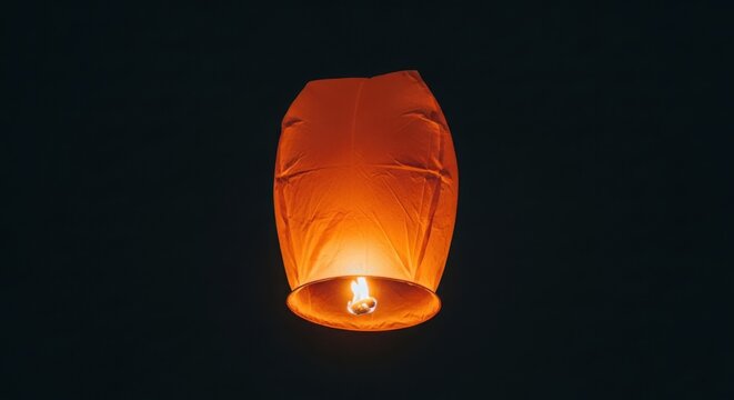 Sky lantern soars upward in dark, nighttime atmosphere, sky lantern shining as it ascends. Bright sky lantern floating, illuminated by flame, represents hope, freedom and celebration,