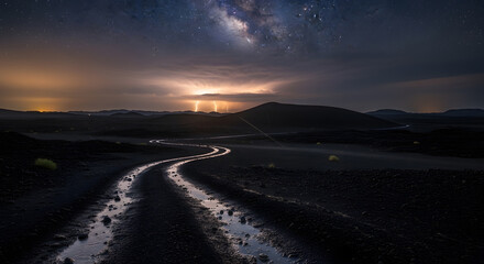 A Starry Night Over a Winding Riverbed with Distant Lightning Illuminating the Horizon