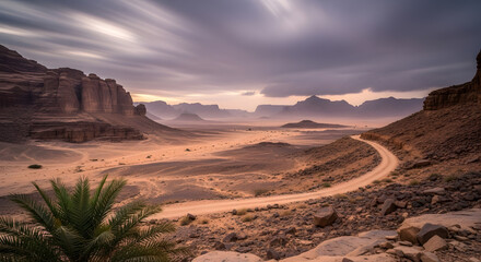 Dramatic Desert Landscape with Winding Road and Streaky Clouds at Dusk in Wadi Rum, Jordan