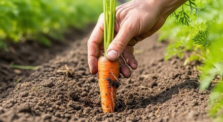 Fresh carrot being harvested from garden soil. Fresh carrot pull reveals vibrant color and healthy greens, close up, showing nature's bounty.