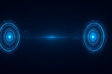 Futuristic blue HUD circles facing each other across dark space, concept of data exchange, scanning and digital communication