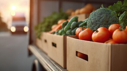 Fresh produce delivery: Vibrant tomatoes, broccoli, cucumbers, and carrots neatly arranged in cardboard boxes on a truck, symbolizing healthy eating on the go, farm-to-table.