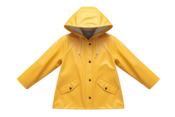 Yellow hooded raincoat with pockets and drawstring isolated on a transparent background