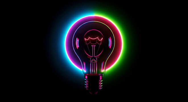 Glowing neon light bulb with rainbow aura on black background