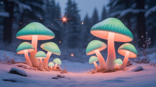 Enchanting bioluminescent mushrooms glow with magical light in a serene, snowy forest clearing, creating a captivating, mystical winter wonderland scene.