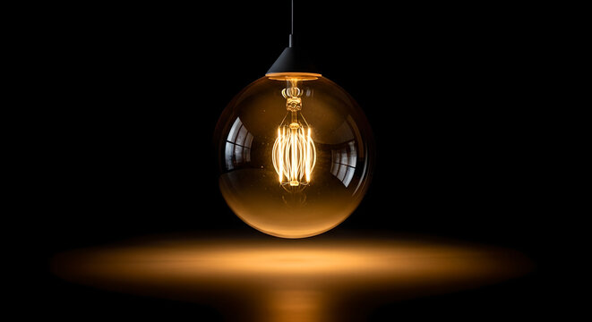 Vintage edison light bulb glowing warmly in darkness with reflection