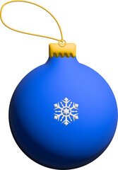 A blue Christmas ornament with a golden cap and hanging loop features a white snowflake design in a clean, festive illustration.