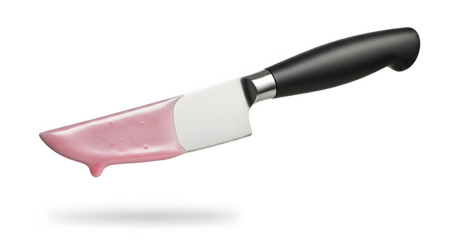 Culinary Precision: A sleek, stainless-steel knife, poised with vibrant pink substance, its sharp edge showcasing both the tool and the fresh ingredients it expertly handles.