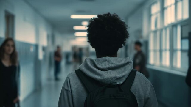 Students gather in a school hallway as one boy stands alone, contemplating the social dynamics around him