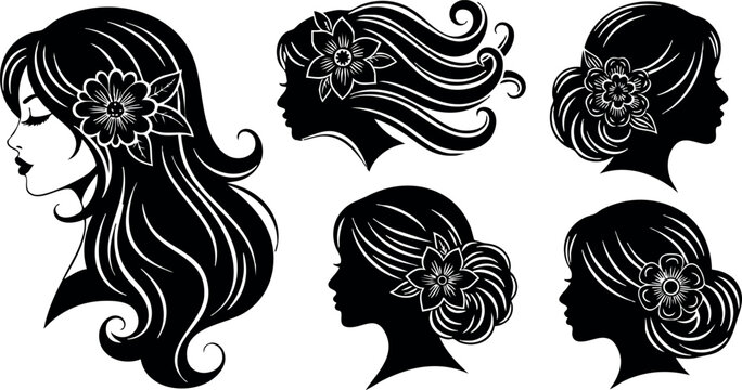 Female silhouette profiles with floral hair accessories vector illustration