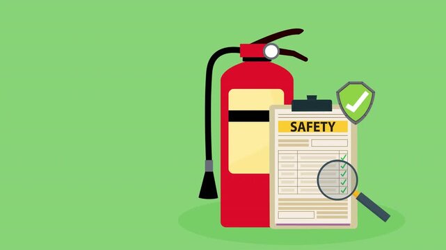 Fire fighting checklist. Extinguisher and paper tablet with checkmarks. Document at clipboard. Firefighting safety. Flame prevention checklist page. Extinguishing guidance 