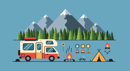 Vector illustration of a mobile home, camping equipment, and mountain scenery, perfect for travel and outdoor adventure themes