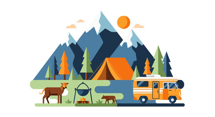 Vibrant Flat Illustration of a Mountainous Campsite with a Camper Van, Tent, Campfire, and Deer