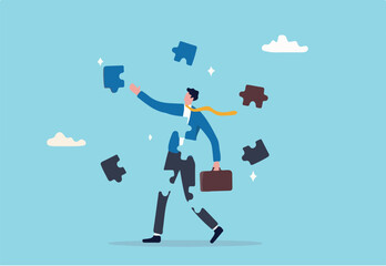 Finding jigsaw piece to complete work, career or success business, search for new idea to solve self problem, challenge or inspiration concept, businessman finding jigsaw to complete himself.