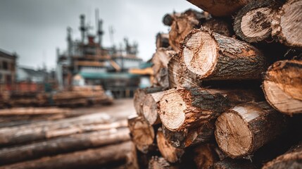 Naklejka premium A stack of logs showcases the natural beauty and texture of timber. With industrial backdrop, these logs represent raw materials ready for various applications in construction or design.