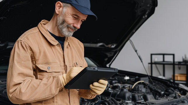 Mechanic in workwear with a tablet stands by a car hood in a garage, checking parameters — modern vehicle diagnostics via tablet.