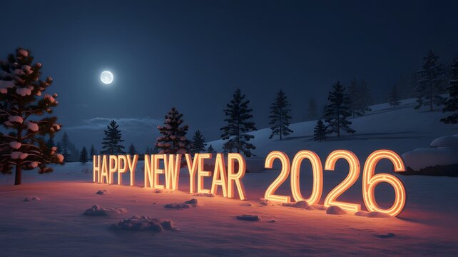 Glowing happy new year 2026 text in a snowy winter landscape at night