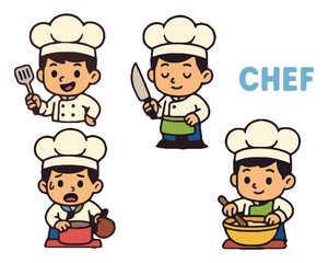 Set of funny cartoon chef characters in uniform, smiling, cooking food in a restaurant kitchen with hat and menu illustration