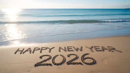 Happy new year 2026 written in sand on a beach with ocean waves