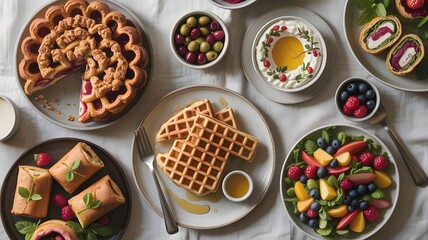 Delicious brunch spread with waffles pie and fresh fruit salad