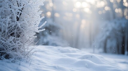 Sunlight filtering through a snow covered forest on a cold winter day