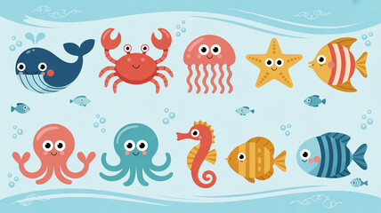 Adorable cartoon marine life collection featuring a friendly whale, crab, jellyfish, starfish, seahorse, and colorful fish swimming in a playful underwater scene