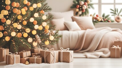 Cozy christmas bedroom with decorated tree and gifts