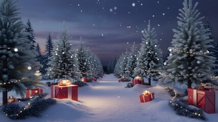 Magical snowy forest path lined with christmas trees and gifts at night