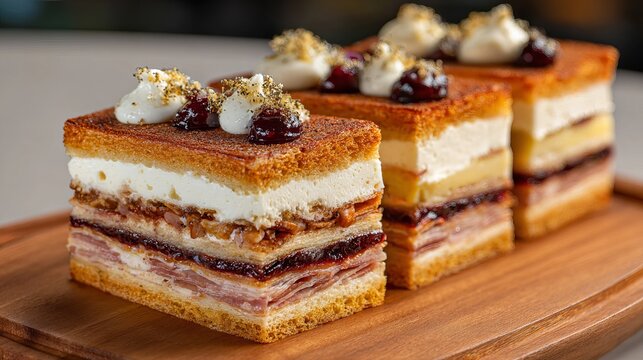 Indulge in these decadent, layered dessert slices with creamy toppings and rich flavor combinations, perfect for cafes and fine dining promotions