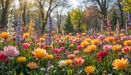 the spring season garden is full of colorful flowers is awesome