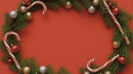 Christmas wreath with candy canes and ornaments on red background