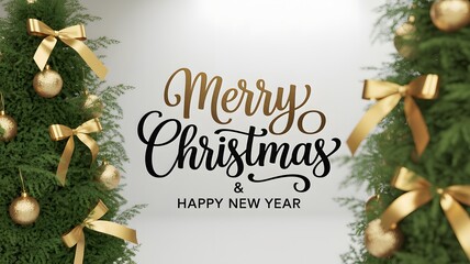 Elegant merry christmas and happy new year greeting with decorated trees