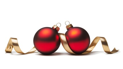 Two shiny red christmas ornaments with gold ribbon on white background