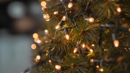Close up of warm glowing christmas lights on a green pine tree