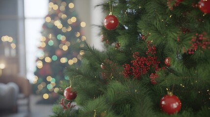 Close up of a decorated christmas tree with soft bokeh lights in the background