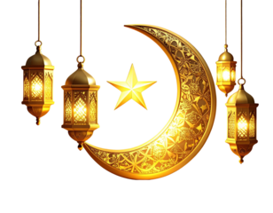 Golden Crescent Moon with Star and Hanging Ramadan Lanterns Illustration PNG
