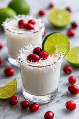 Fictional Cranberry Coconut Mojito in a clear glass with cranberries and a slice of lime, a gorgeous Christmas cocktail. Creamy, coconutty, delicious festive low carb drink. 