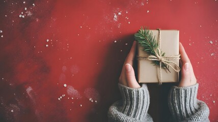 Hands holding a rustic christmas gift box with pine sprig and twine