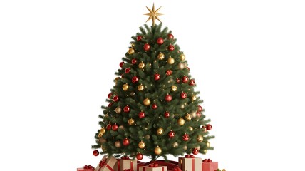 Festively decorated christmas tree with presents on white background