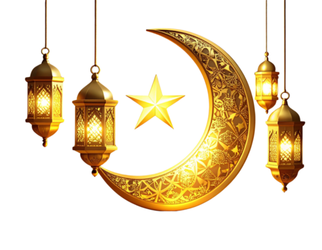 Golden Crescent Moon with Star and Hanging Ramadan Lanterns Illustration PNG