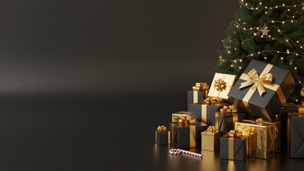 Elegant christmas presents piled under a decorated tree with warm lights