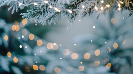 Soft focus christmas tree branches with twinkling lights and snowflakes