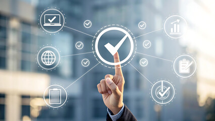 Hand touching digital interface with checkmarks and business icons